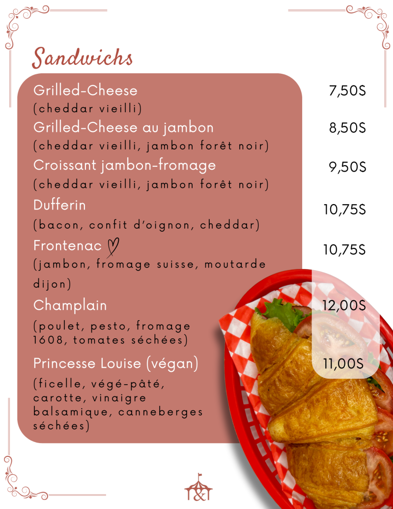 Menu listing sandwich options with prices; red basket with croissants and garnish visible.