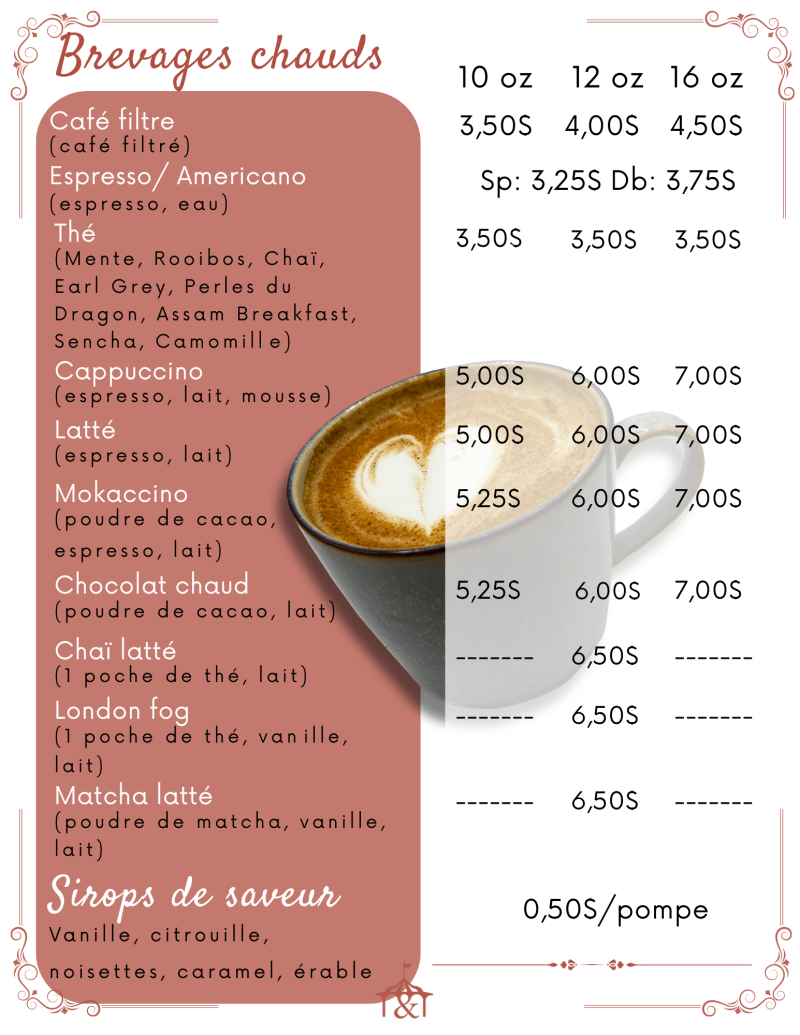 Menu listing various hot beverages with prices and a cup of cappuccino.