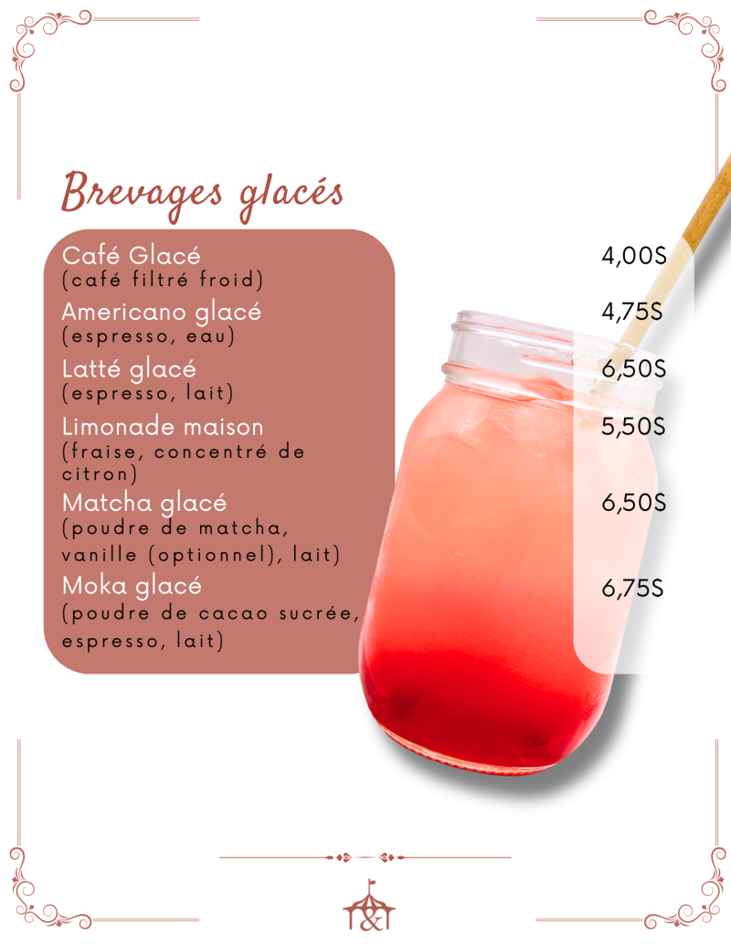 Menu with iced drinks list in French; jar with pink beverage and straw.
