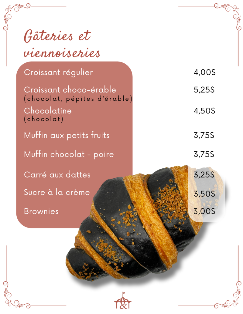Menu listing pastries with prices beside a croissant on ornate design background.