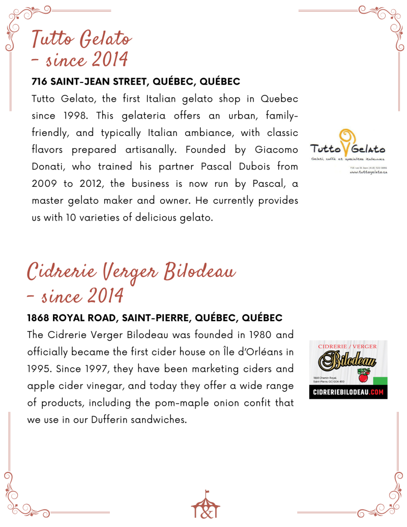 Two business profiles: Tutto Gelato and Cidrerie Verger Bilodeau, showcasing history, products, and contact details.