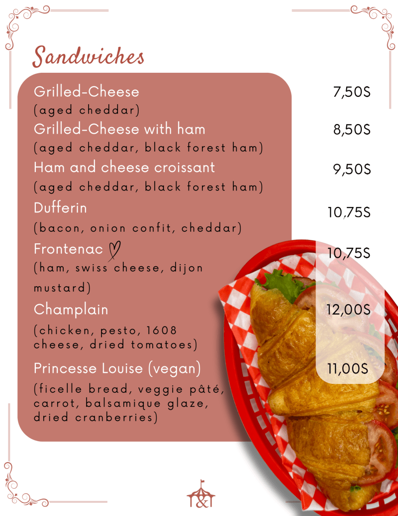 Menu with sandwich options, prices, and an image of a croissant sandwich in a basket.