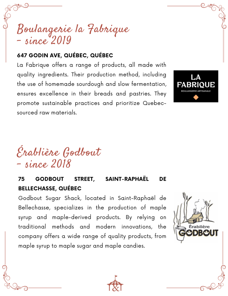 Two businesses, Boulangerie la Fabrique and Érablière Godbout, highlighted with descriptions and logos.