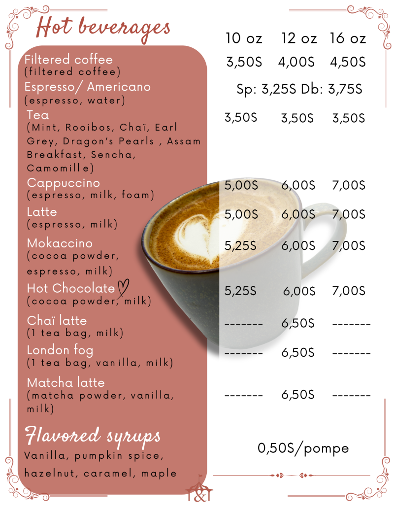 Menu of hot beverages with prices, featuring coffee, tea, and a photo of a cappuccino.
