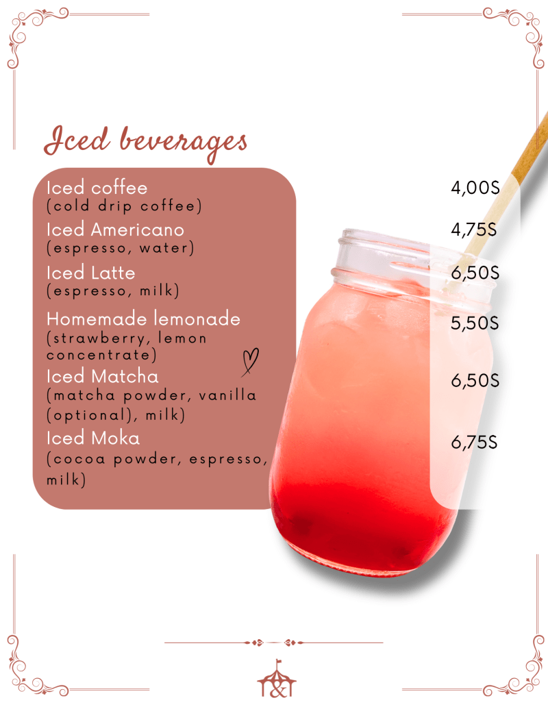 Iced beverages menu with prices and pink drink in jar.