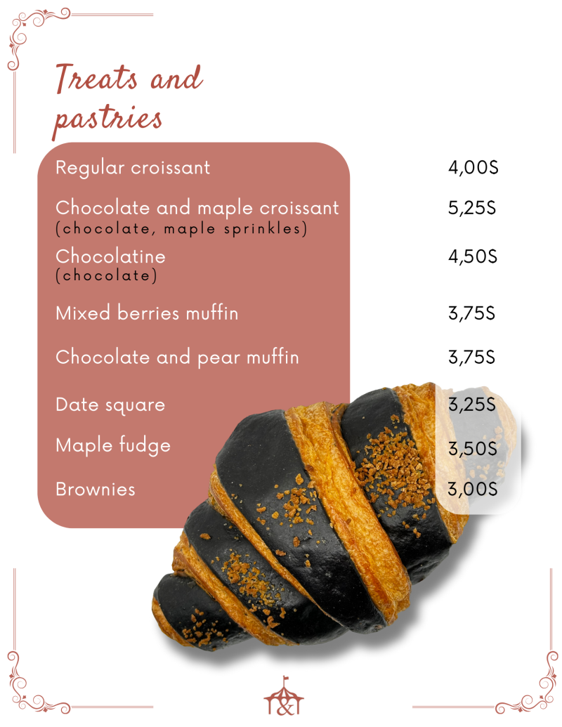 Menu with pastry items and prices beside a chocolate croissant.