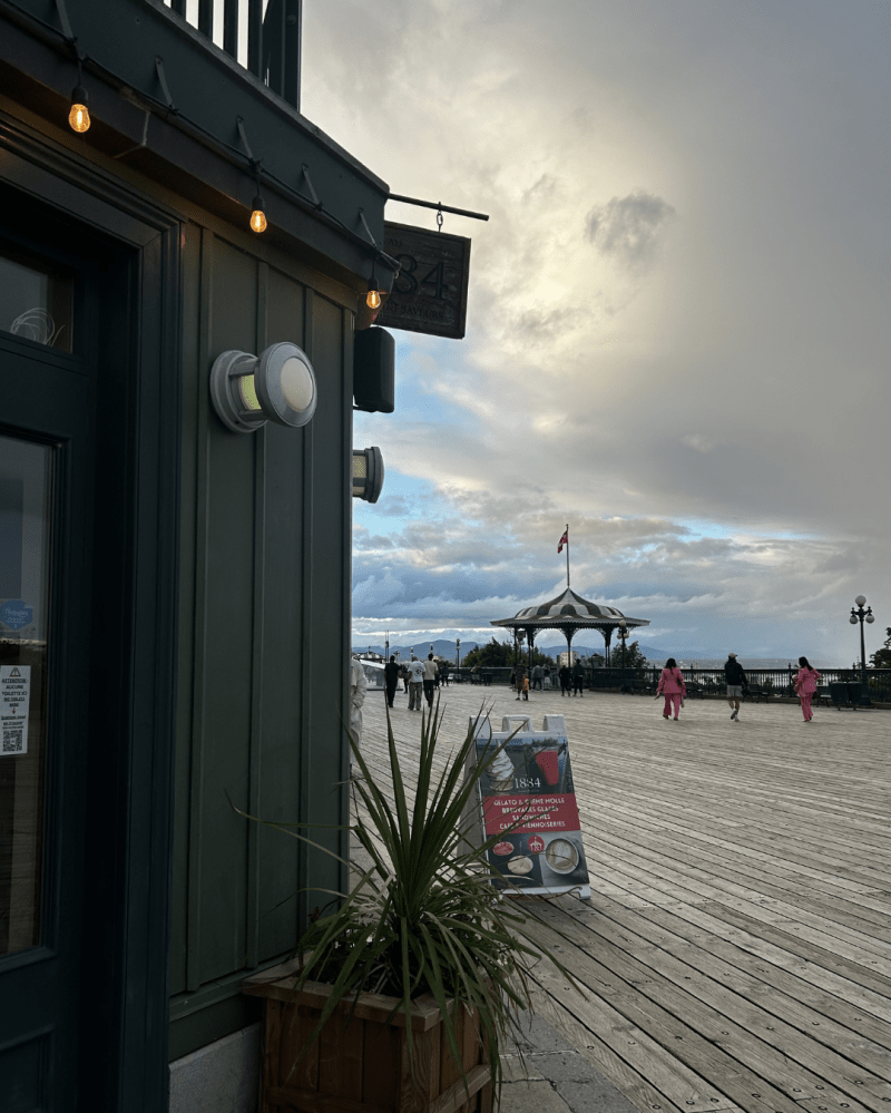 Wooden boardwalk with people, plant, and a sign under a cloudy sky with a gazebo in the background.