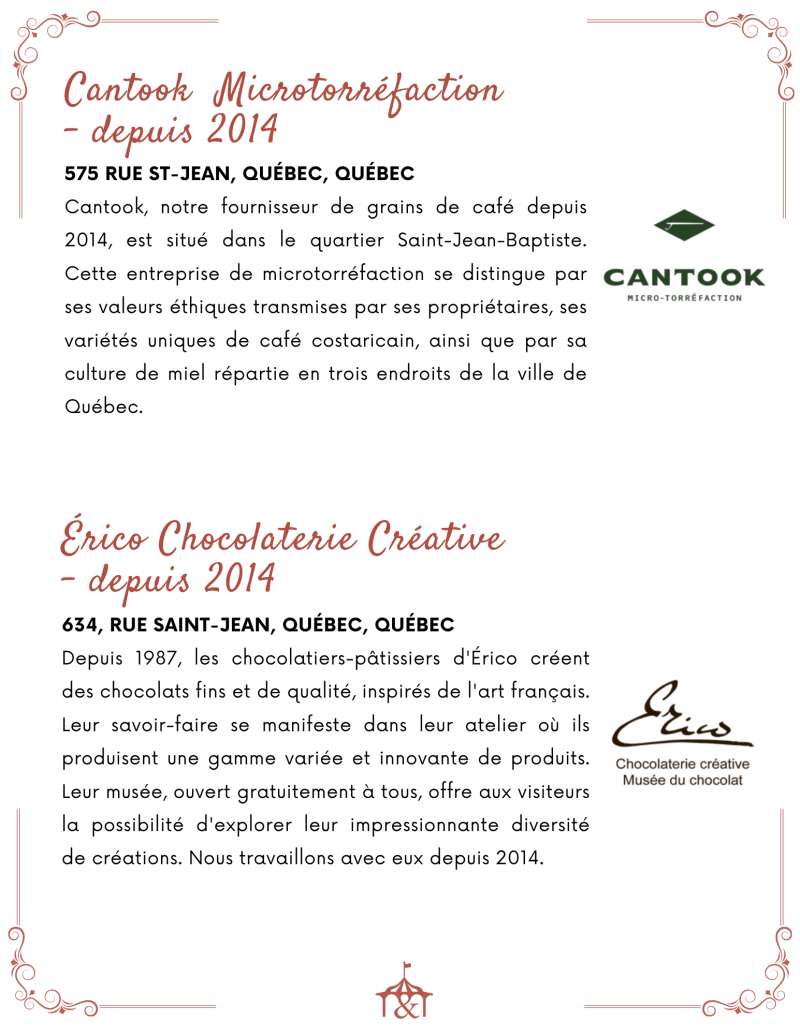 Two descriptions of coffee and chocolate businesses in French with logos.