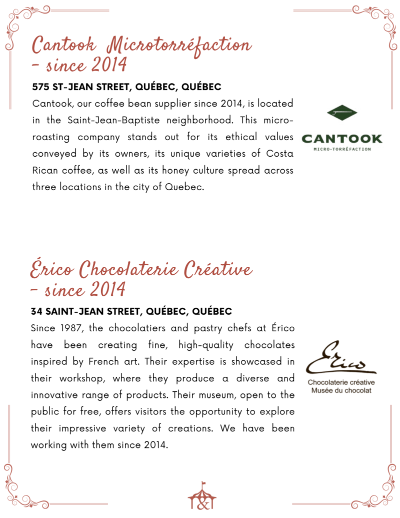 Two text sections with logos, about Cantook Microtorrefaction and Érico Chocolaterie in Québec.
