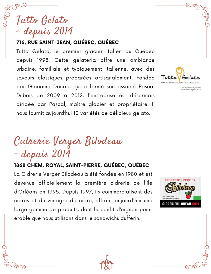 Informational flyer with two sections about Tutto Gelato and Cidrerie Verger Bilodeau, both located in Quebec.