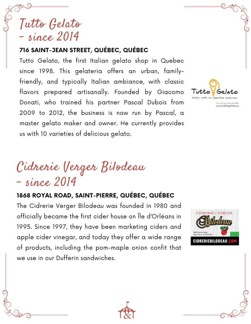 Flyer featuring Tutto Gelato and Cidrerie Verger Bilodeau, with text and logos of both businesses.