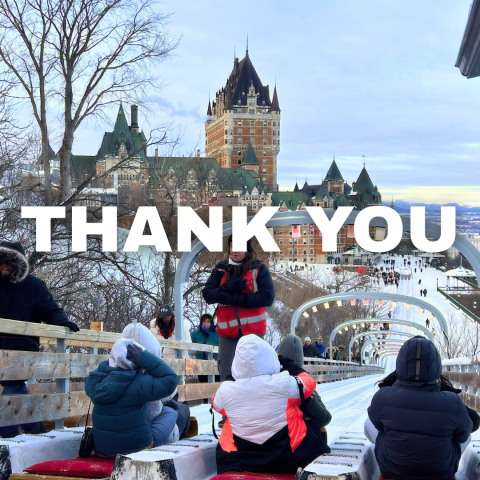 People sledding near a castle with 'Thank You' text overlay.