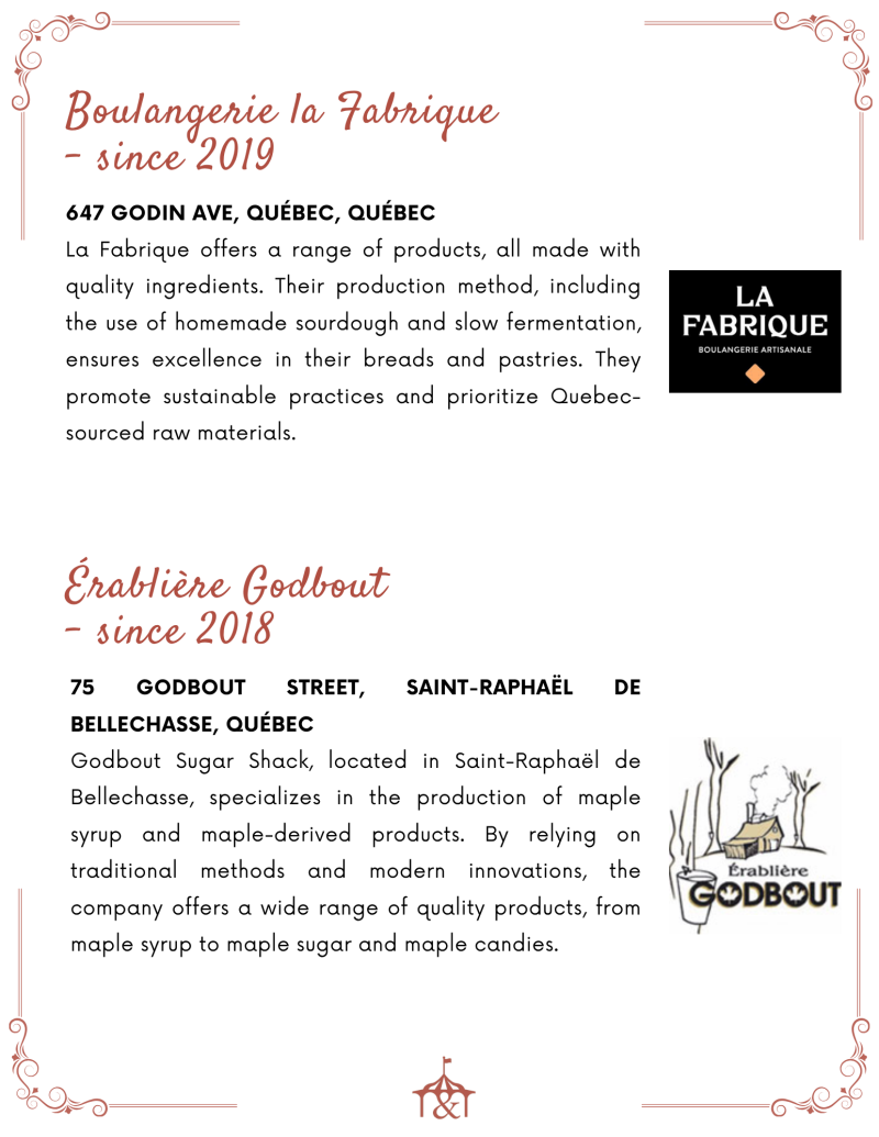 Two food businesses with descriptions and logos in a brochure.