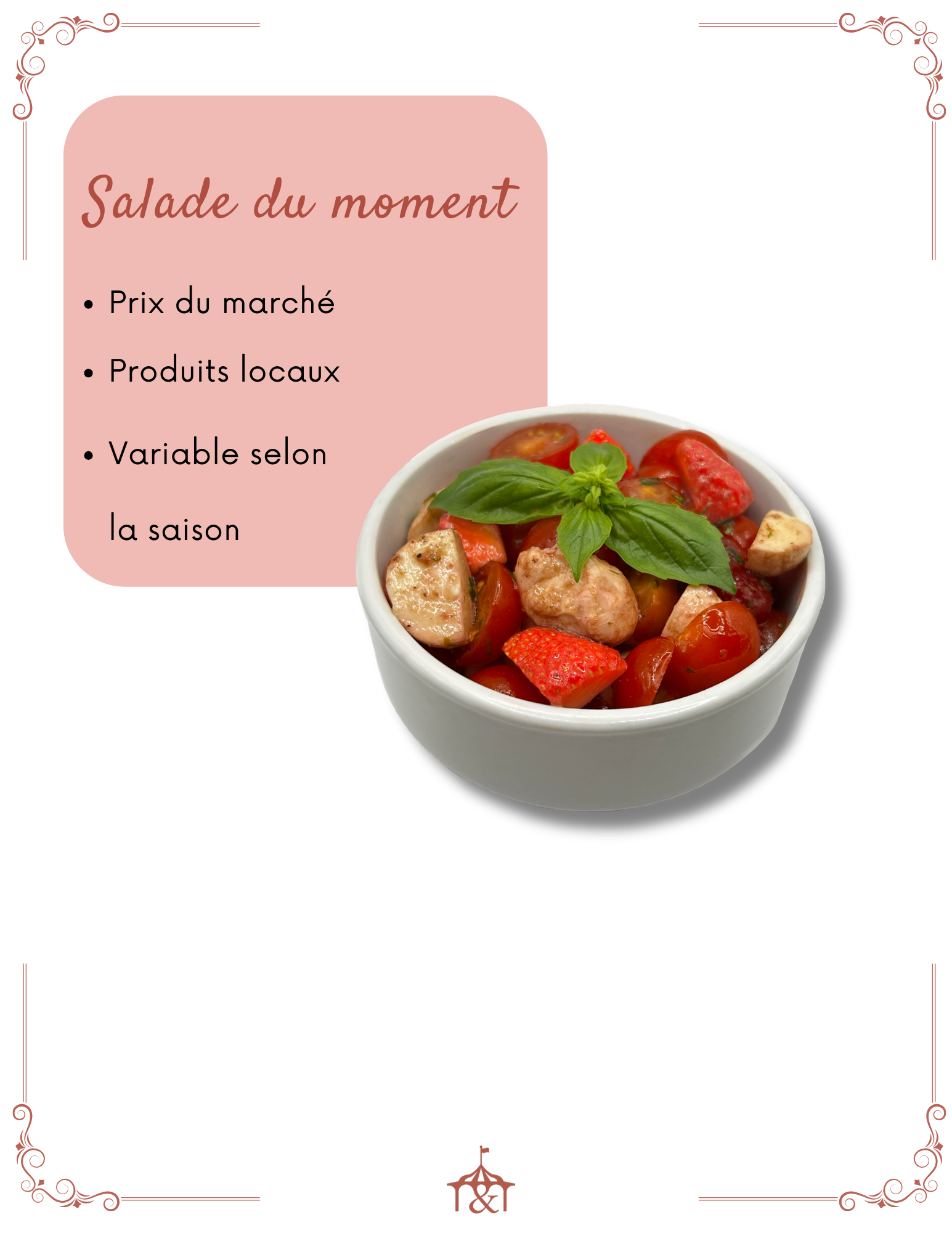 Bowl of salad with croutons and basil on a white background with French text on the left.