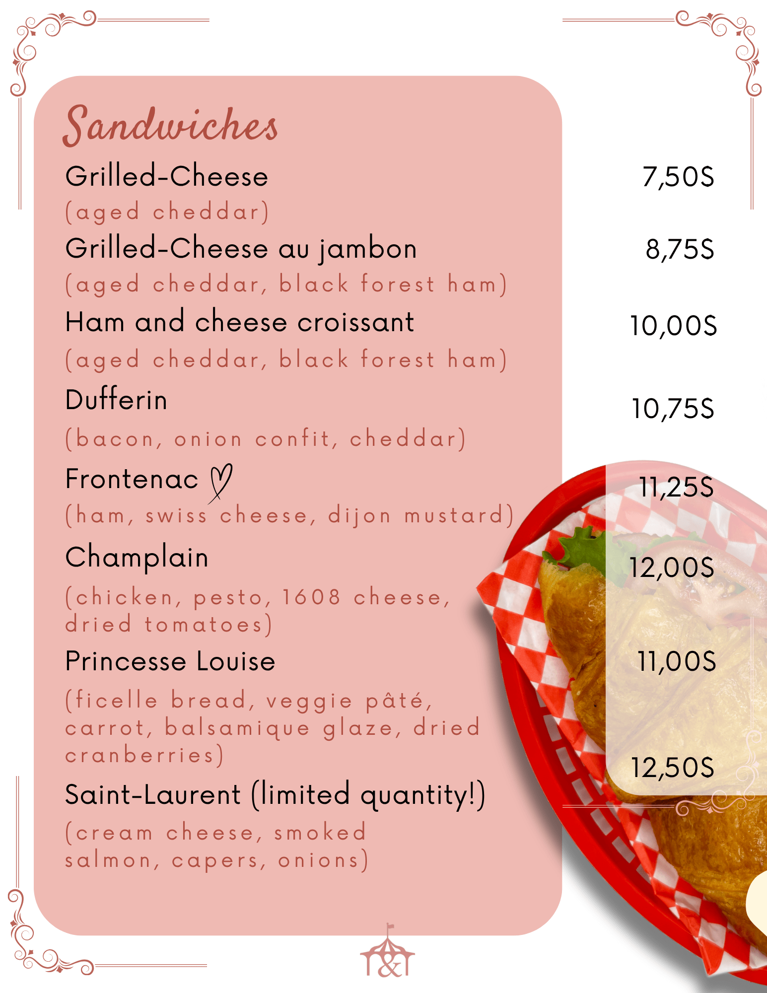 Menu with sandwich options and prices, red basket with food on bottom right.
