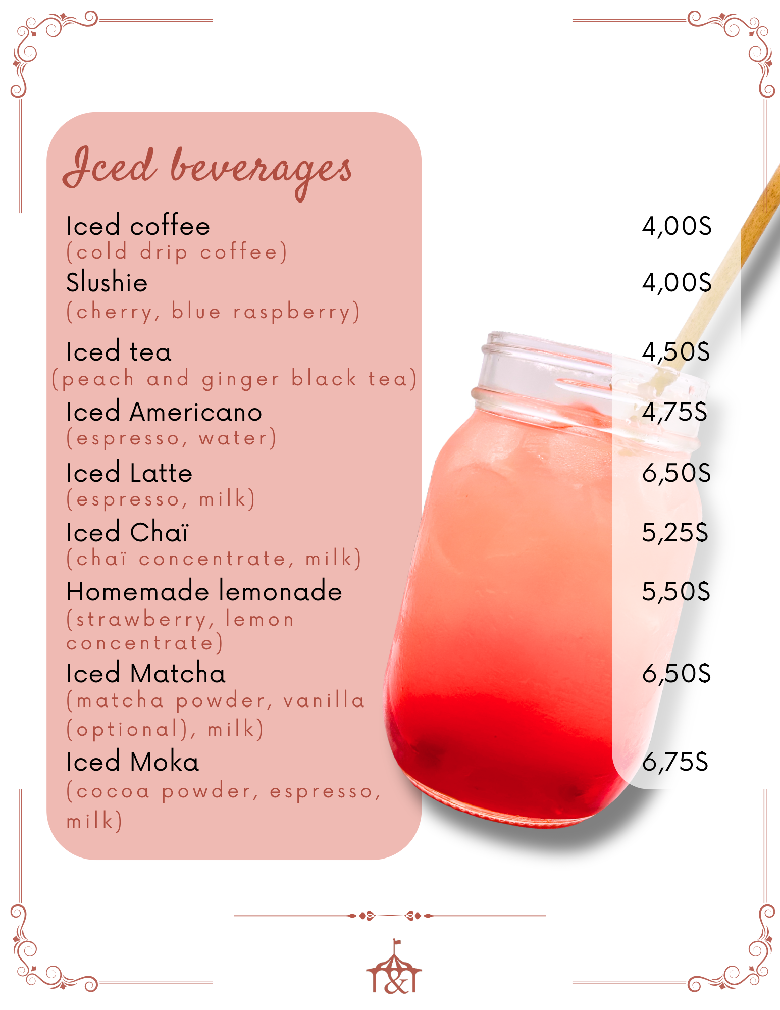 Menu of iced beverages with prices, featuring a gradient drink in a jar on the right.
