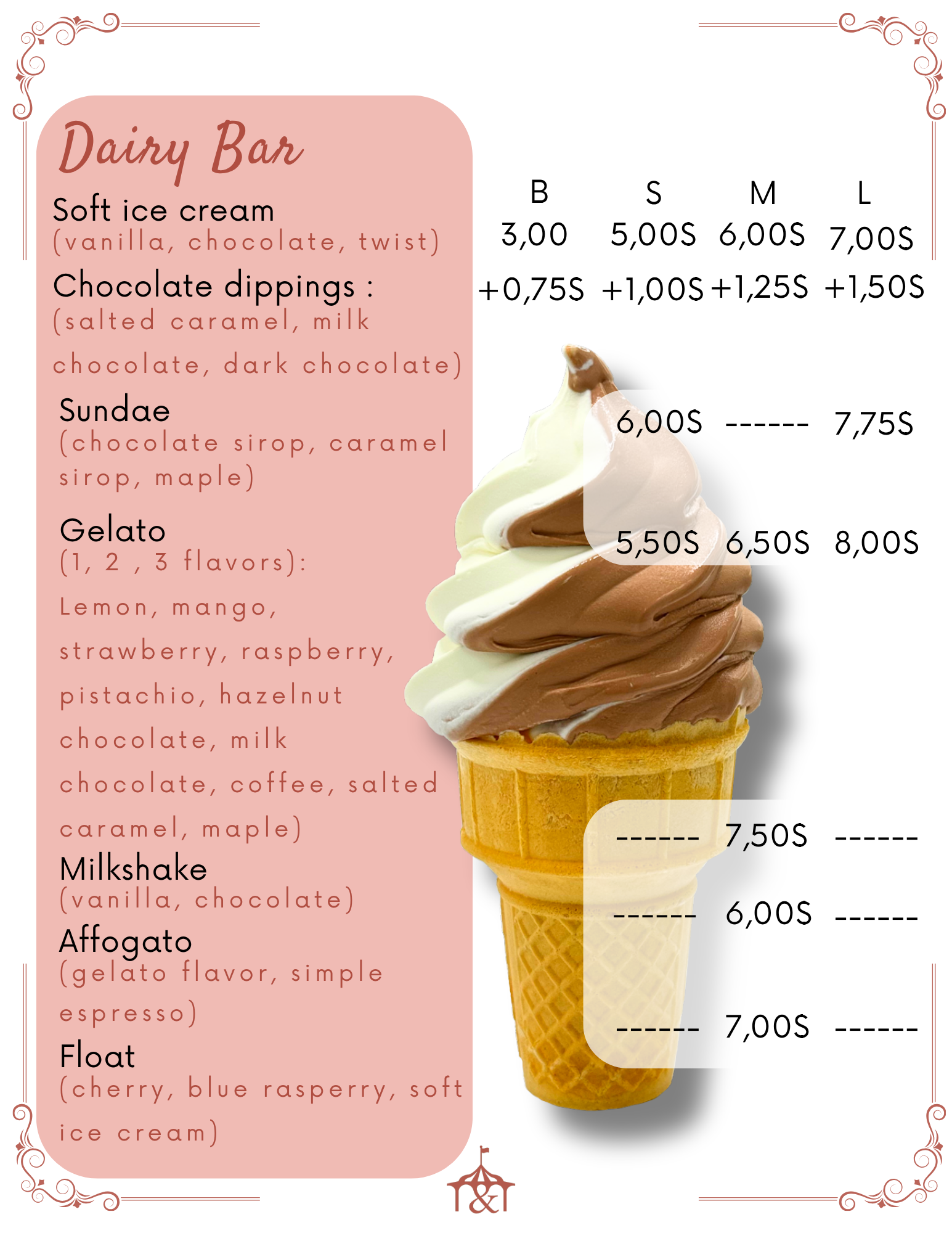 Dairy bar menu with ice cream cone image and prices for various treats like sundaes, gelato, and milkshakes.