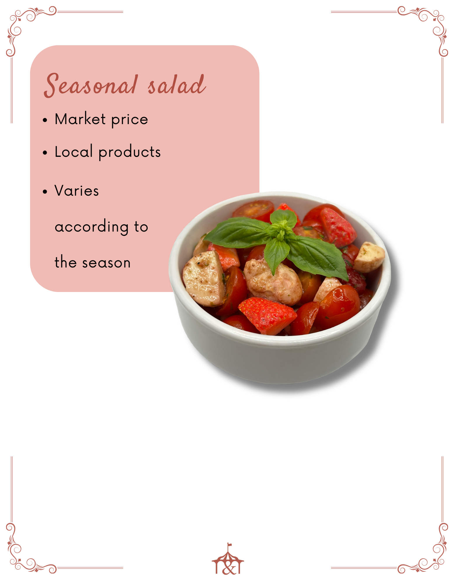 Bowl of salad with tomatoes and croutons, basil garnish, text about seasonal salad on left.