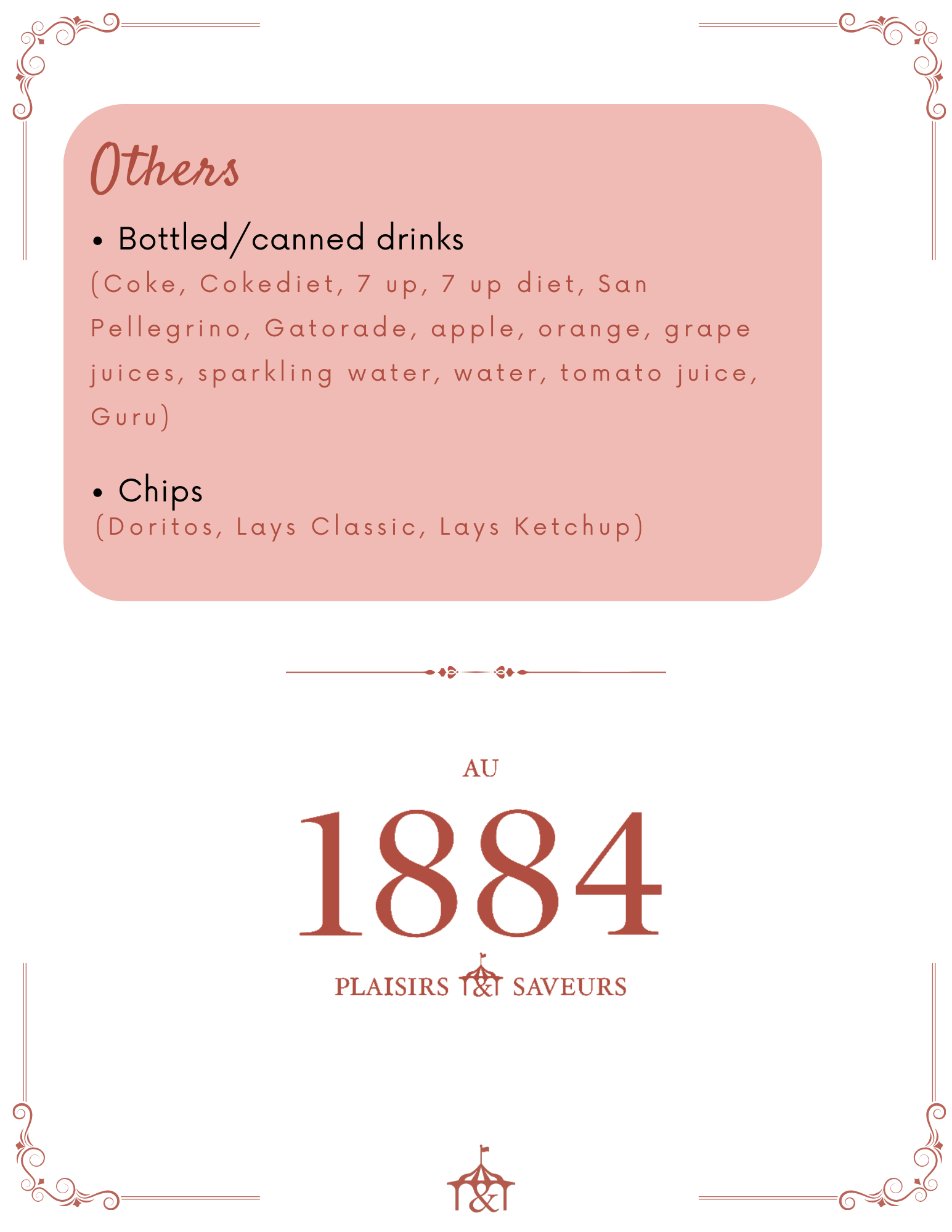 List of drinks and snacks on a menu above '1884' in decorative red text.