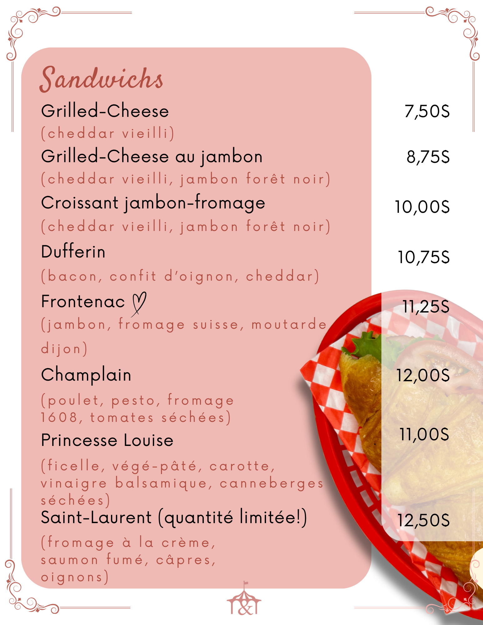 Menu with sandwich options, prices listed in euros.
