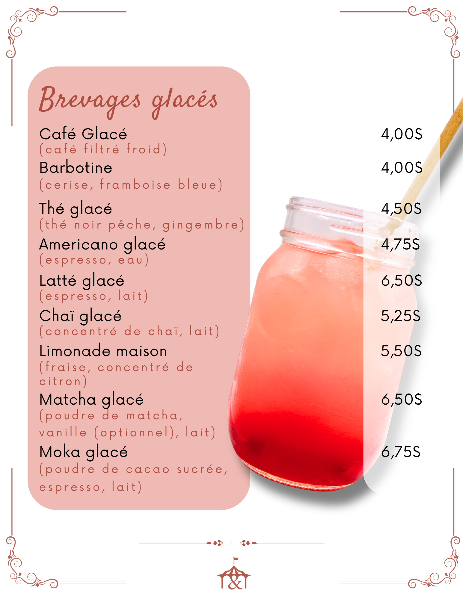 Menu of iced drinks with prices, featuring a gradient pink drink in a mason jar.