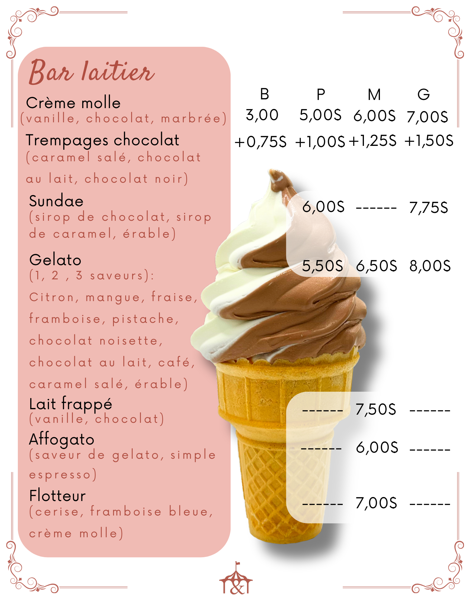 Menu with ice cream cone, showing prices and flavors in French.