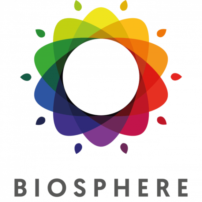 Colorful circular design with text 'BIOSPHERE' underneath.
