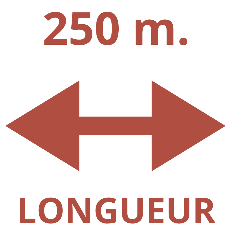 Arrow pointing left and right with '250 m. LONGUEUR' text above and below.