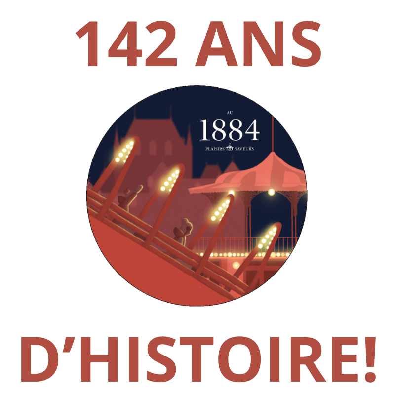 Illustration of a carousel with '142 ans d'histoire!' text above in French.