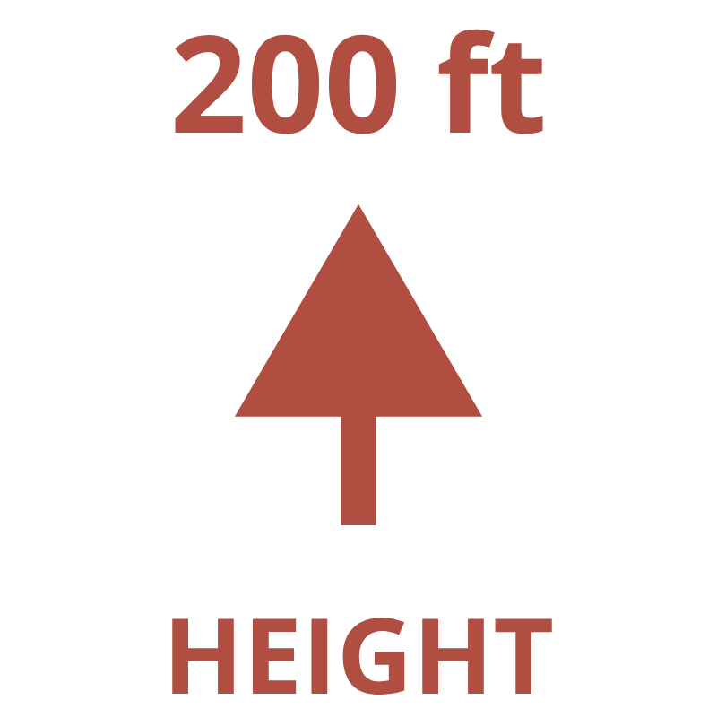 Arrow pointing up with text '200 ft HEIGHT' in red.