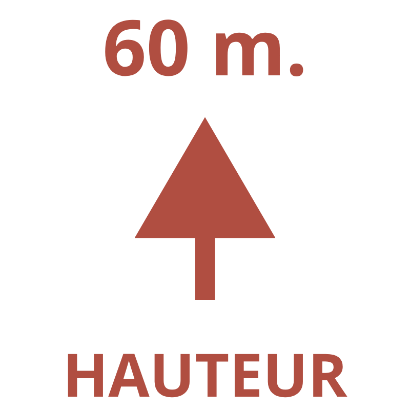 Red arrow pointing up, text '60 m. HAUTEUR'.