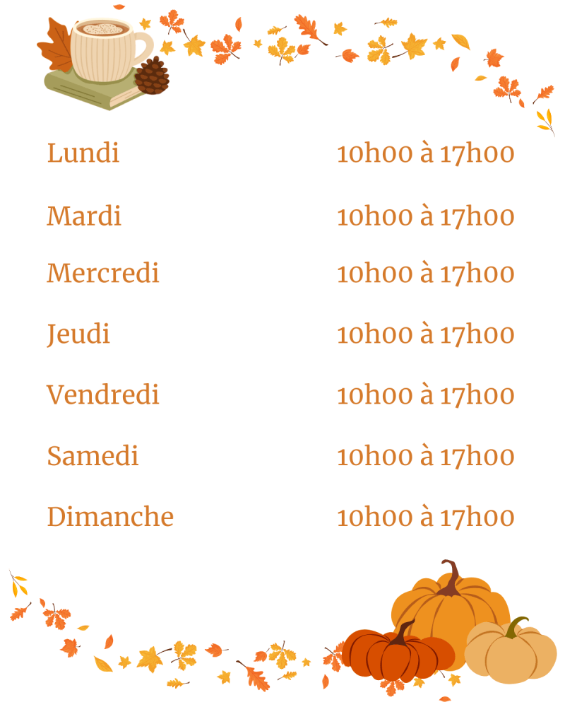 French schedule with fall theme, pumpkins and leaves, Monday to Sunday, 10am to 5pm.