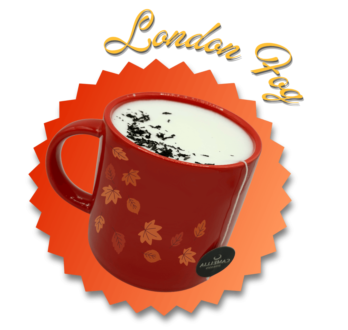 Red mug with leaves, filled with a foamy drink labeled 'London Fog'.