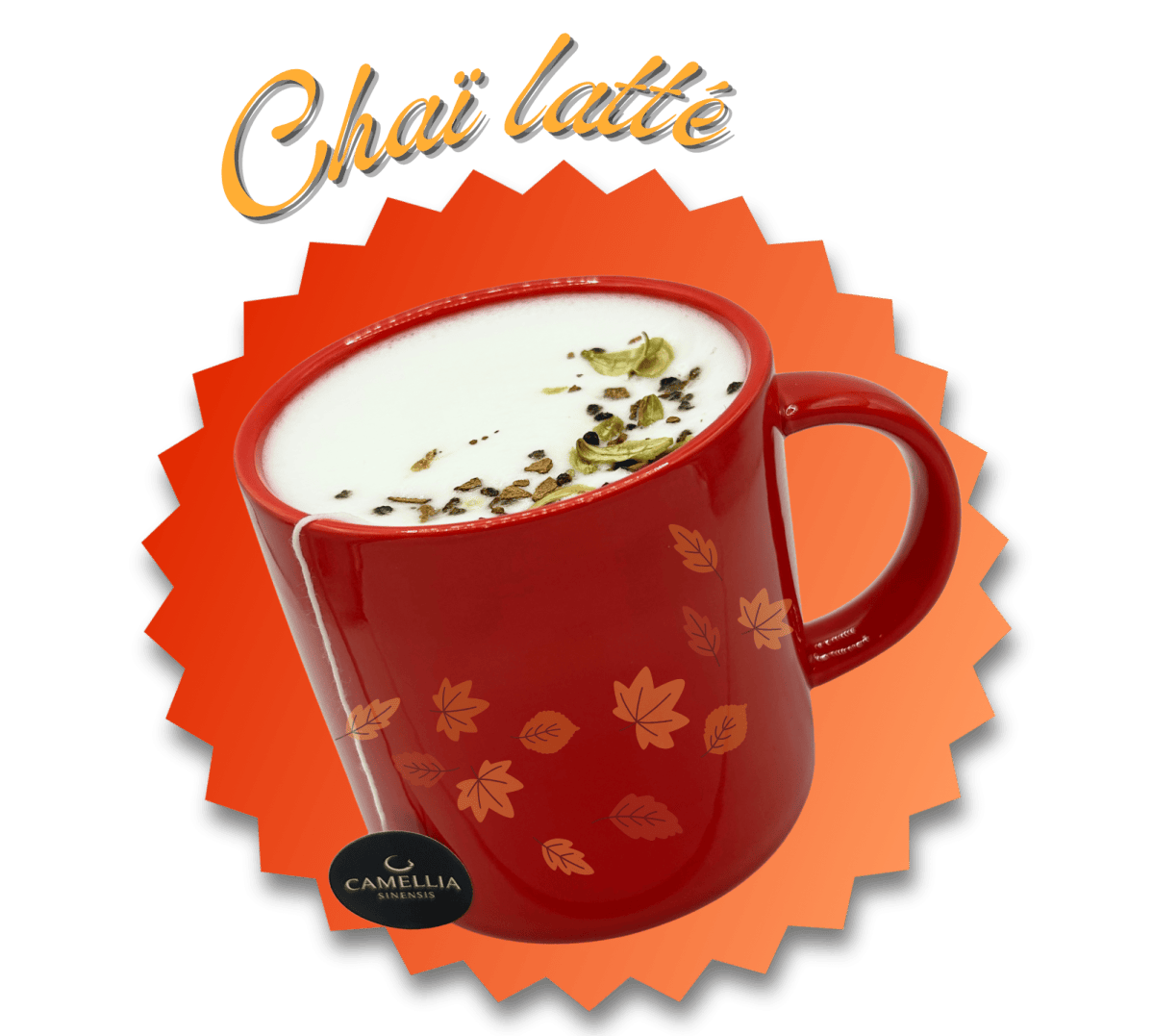 Red mug with chai latte and spices, text 'Chai latte' above.